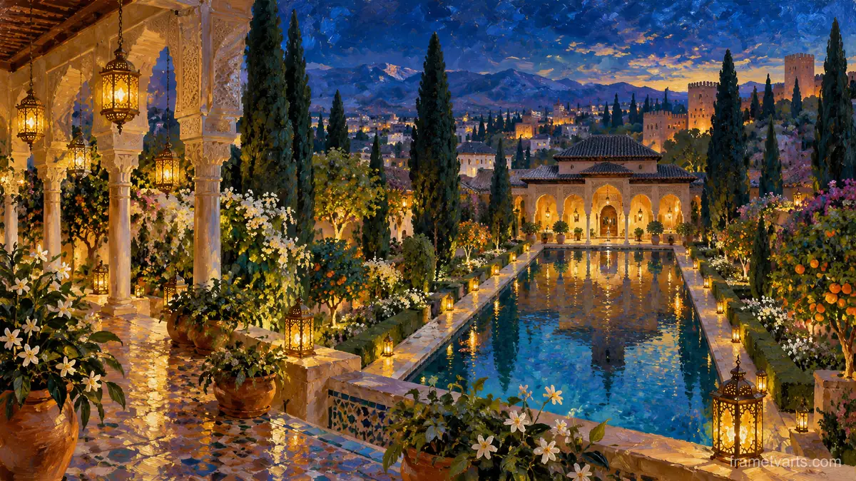 Ramadan Andalusian garden with a reflecting pool – impressionist oil painting Samsung Frame TV art, 4K