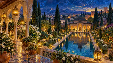 Ramadan Andalusian garden with a reflecting pool – impressionist oil painting Frame TV art