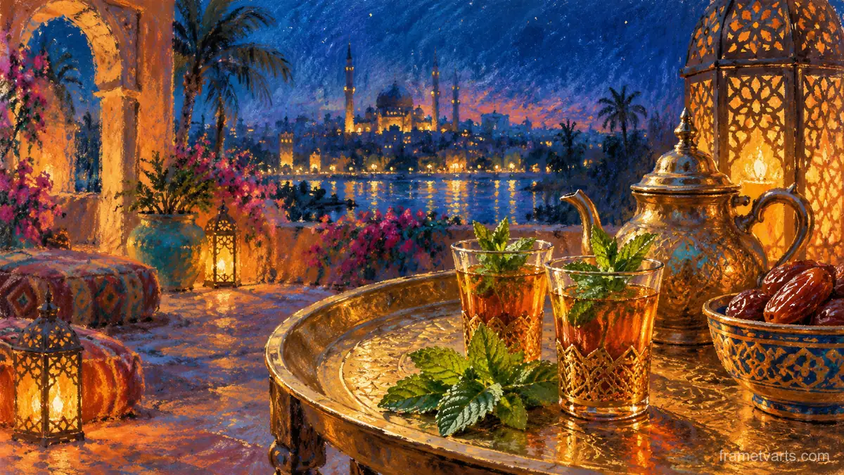 Ramadan tea glasses and mint on a brass table – chalk pastel study Samsung Frame TV art, 4K