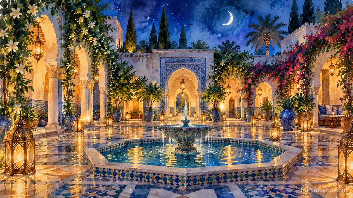 Ramadan blue-tiled fountain in a riad – loose watercolor Samsung Frame TV art, 4K