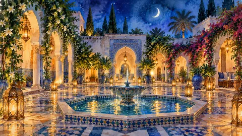 Ramadan blue-tiled fountain in a riad – loose watercolor Frame TV art