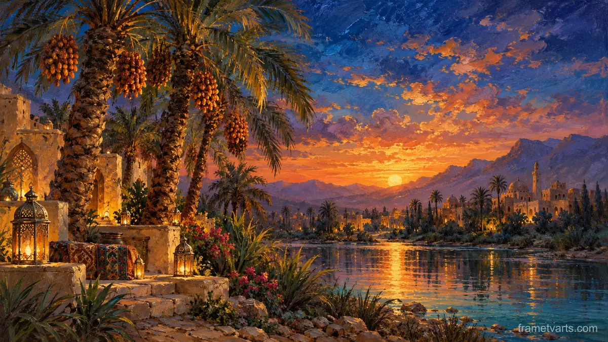 Ramadan date trees at sunset beside an oasis – atmospheric oil painting Samsung Frame TV art, 4K