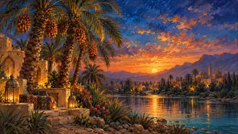 Ramadan date trees at sunset beside an oasis – atmospheric oil painting Frame TV art