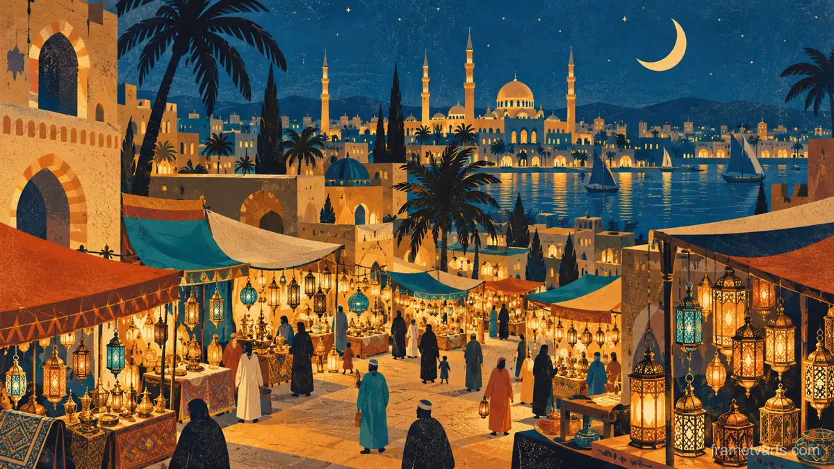 Ramadan night market with lantern stalls – retro mid-century illustration Samsung Frame TV art, 4K
