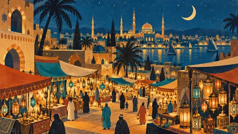 Ramadan night market with lantern stalls – retro mid-century illustration Frame TV art