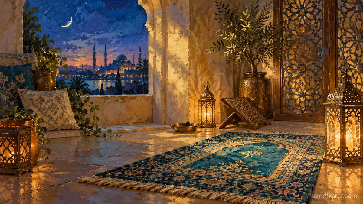 Ramadan prayer rug in a sunlit room – tonal oil painting Samsung Frame TV art, 4K