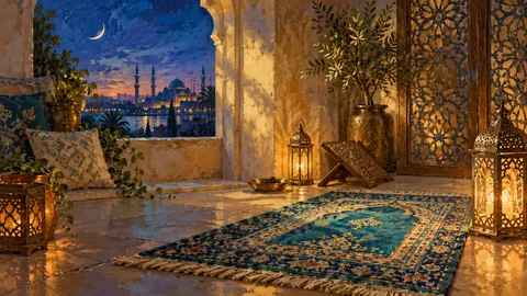 Ramadan prayer rug in a sunlit room – tonal oil painting Frame TV art