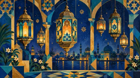 Ramadan lanterns in jewel colours, flat pattern – jewel-tone geometric modernism Frame TV art