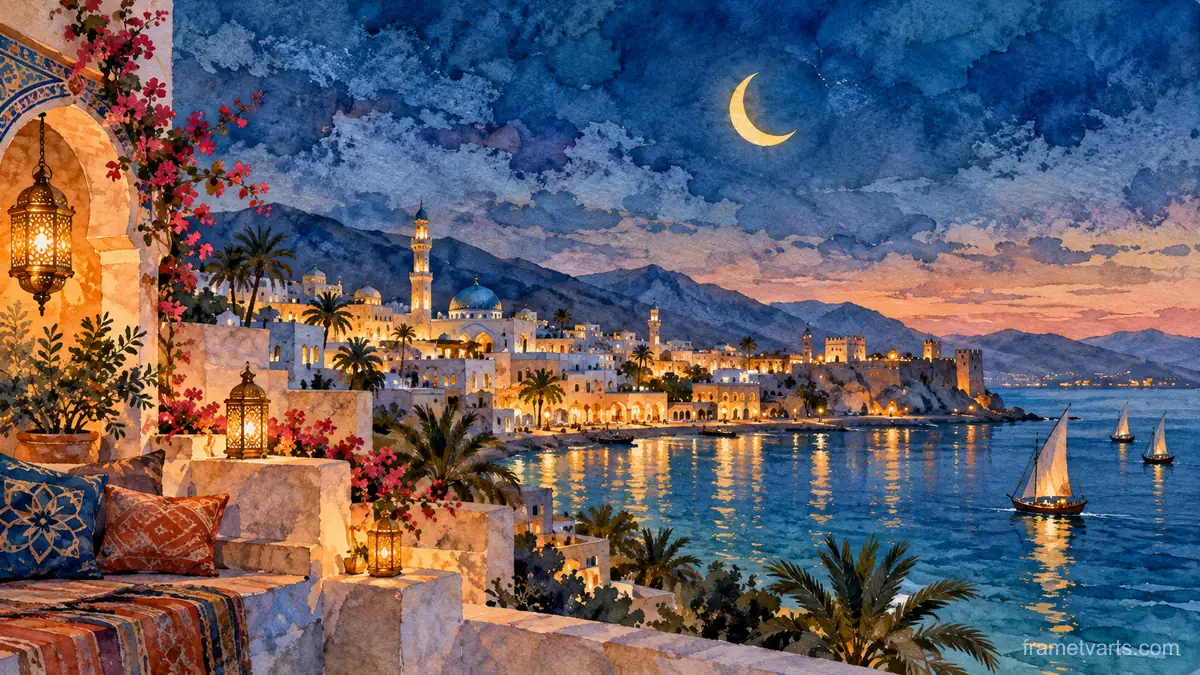 Ramadan crescent over a seaside town – elegant watercolor Samsung Frame TV art, 4K