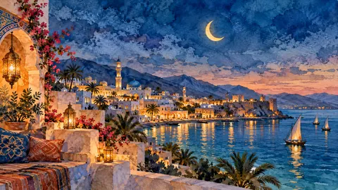 Ramadan crescent over a seaside town – elegant watercolor Frame TV art