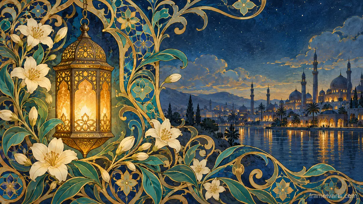 Ramadan arabesque floral border around a lantern – decorative art nouveau painting Samsung Frame TV art, 4K