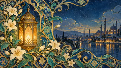 Ramadan arabesque floral border around a lantern – decorative art nouveau painting Frame TV art