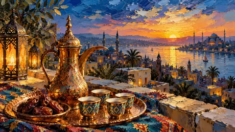 Ramadan copper coffee pot and cups at dawn – expressive palette-knife painting Frame TV art