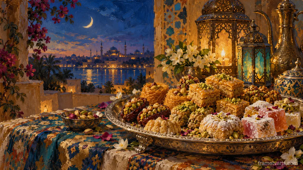 Eid sweets and pastries on a silver platter – tonal oil painting Samsung Frame TV art, 4K