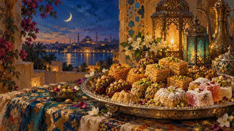 Eid sweets and pastries on a silver platter – tonal oil painting Frame TV art