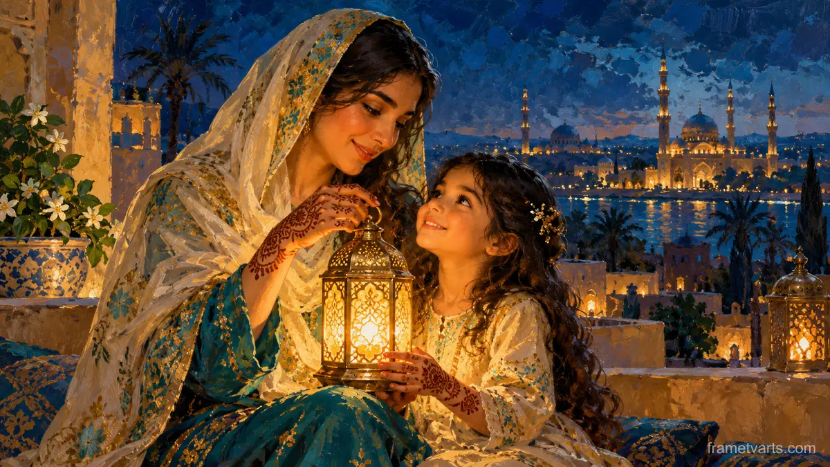 Eid henna-patterned hands holding a lantern – contemporary figurative oil portrait Samsung Frame TV art, 4K