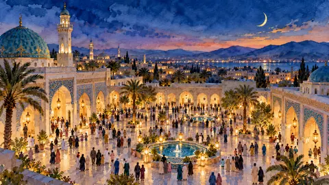 Eid morning crowd in a courtyard, seen from above – loose watercolor Frame TV art