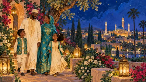 Eid family in festive clothes on a garden path – storybook gouache Frame TV art