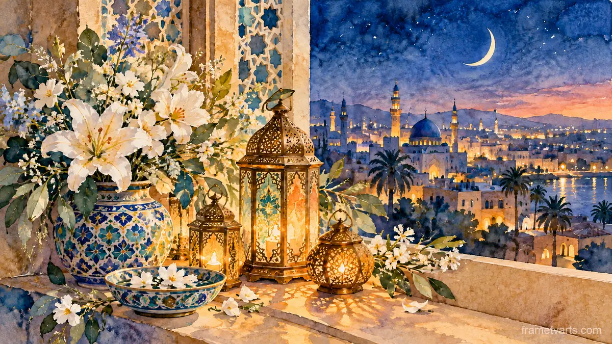 Eid flowers and lanterns on a windowsill – botanical watercolor Samsung Frame TV art, 4K