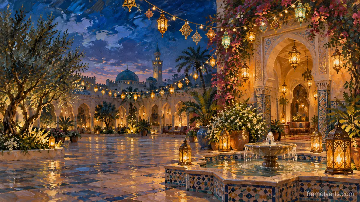 Eid celebration lights strung over a courtyard – impressionist oil painting Samsung Frame TV art, 4K