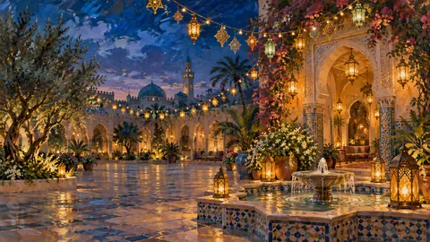Eid celebration lights strung over a courtyard – impressionist oil painting Frame TV art