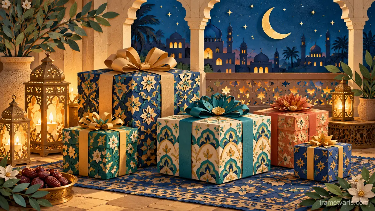 Eid gift boxes wrapped in patterned paper – cut-paper folk illustration Samsung Frame TV art, 4K