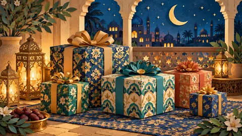 Eid gift boxes wrapped in patterned paper – cut-paper folk illustration Frame TV art