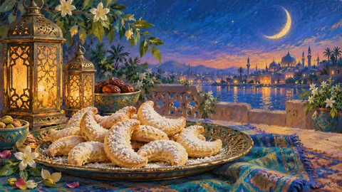 Eid crescent cookies dusted with sugar – soft pastel drawing Frame TV art