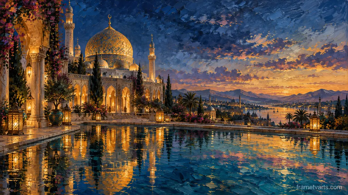 Eid golden-hour dome reflected in a pool – atmospheric oil painting Samsung Frame TV art, 4K