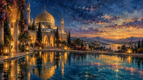 Eid golden-hour dome reflected in a pool – atmospheric oil painting Frame TV art