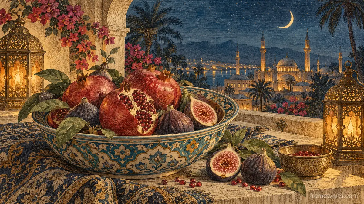 Eid pomegranates and figs in a ceramic bowl – vintage plate engraving Samsung Frame TV art, 4K