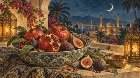 Eid pomegranates and figs in a ceramic bowl – vintage plate engraving Frame TV art