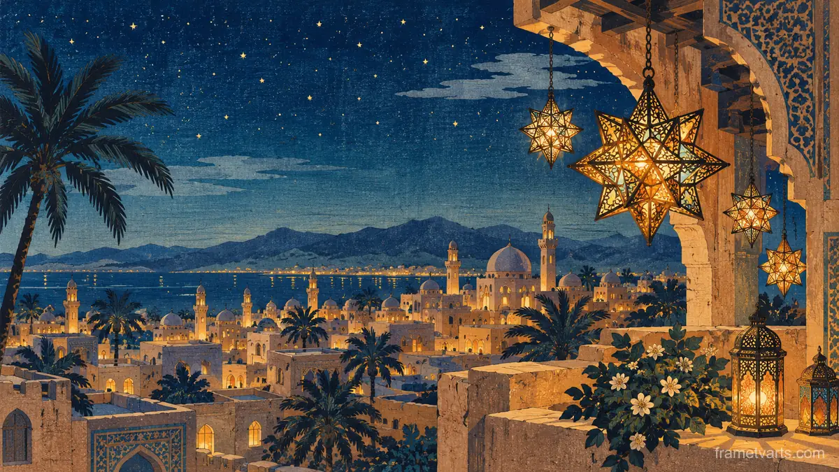 Eid star lanterns over a sand-coloured town – japanese-inspired woodblock print Samsung Frame TV art, 4K