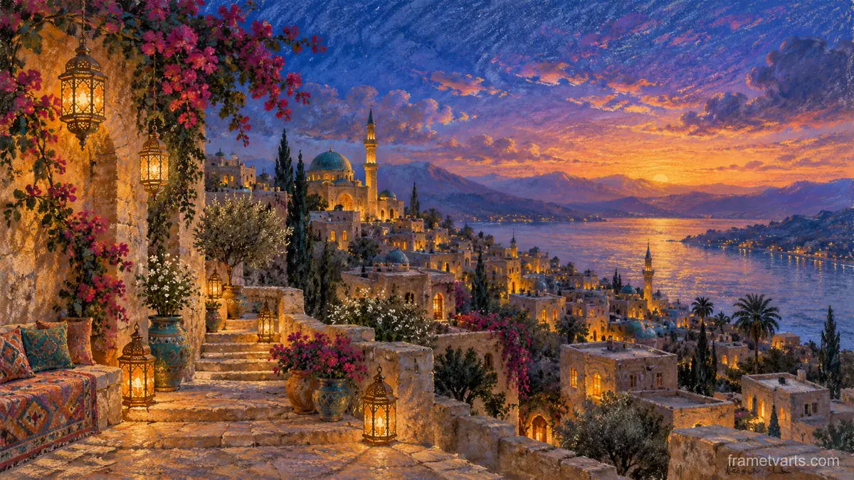 Ramadan quiet dawn over a terraced hill town – soft pastel drawing Samsung Frame TV art, 4K