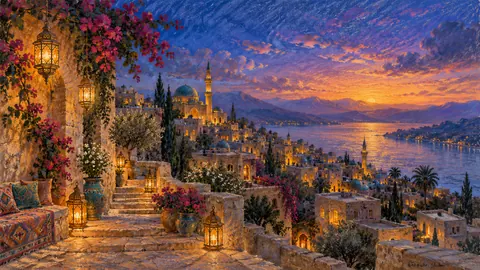 Ramadan quiet dawn over a terraced hill town – soft pastel drawing Frame TV art