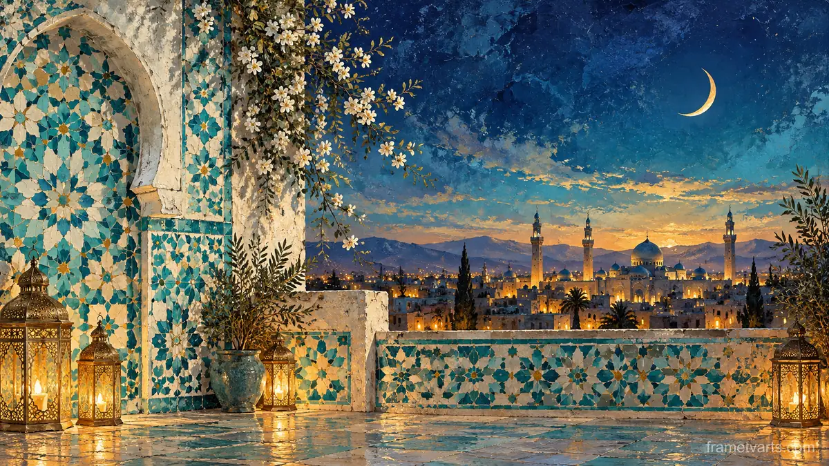 Ramadan zellige tile wall in turquoise and white – earth-tone textured abstraction Samsung Frame TV art, 4K