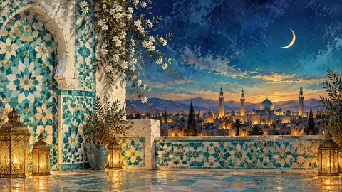 Ramadan zellige tile wall in turquoise and white – earth-tone textured abstraction Frame TV art