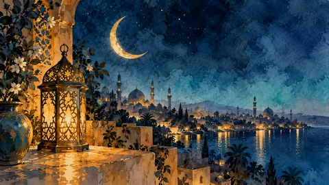 Ramadan lantern and crescent in minimal ink – minimal ink and wash Frame TV art