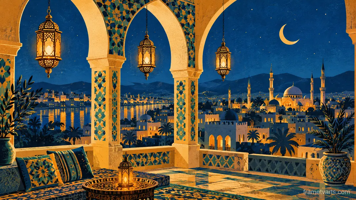 Eid arches and lanterns in retro flat colour – retro mid-century illustration Samsung Frame TV art, 4K