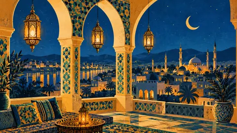 Eid arches and lanterns in retro flat colour – retro mid-century illustration Frame TV art