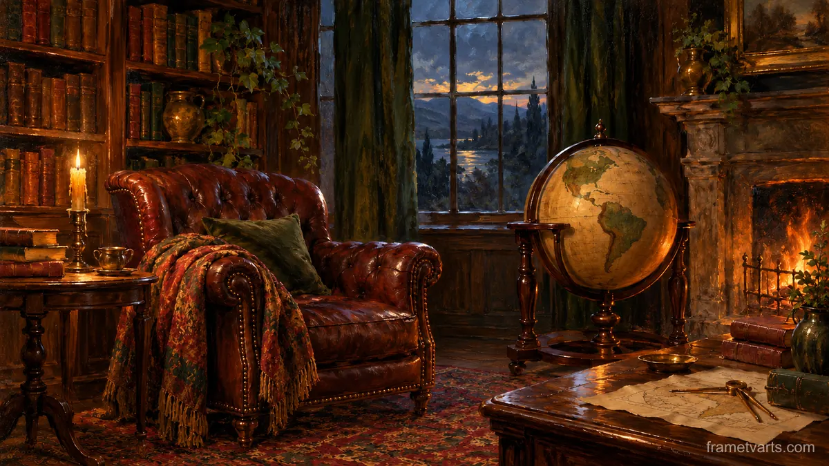 Candlelit study with a leather armchair and a globe – tonal oil painting Samsung Frame TV art, 4K