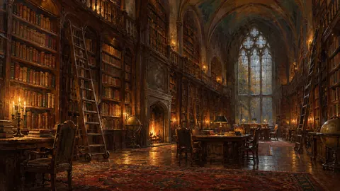 Old university library with rolling ladders – atmospheric oil painting Frame TV art