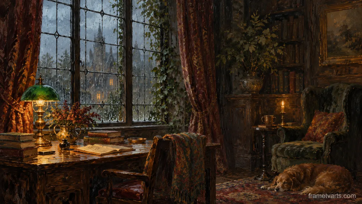 Rain on a tall leaded window over a reading desk – impressionist oil painting Samsung Frame TV art, 4K