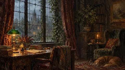 Rain on a tall leaded window over a reading desk – impressionist oil painting Frame TV art