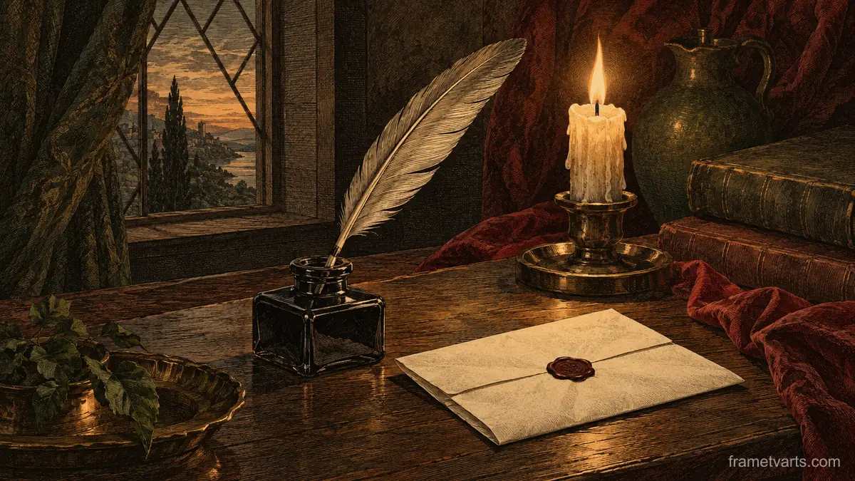 Quill, inkwell and sealed letter by a candle – vintage plate engraving Samsung Frame TV art, 4K