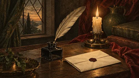Quill, inkwell and sealed letter by a candle – vintage plate engraving Frame TV art