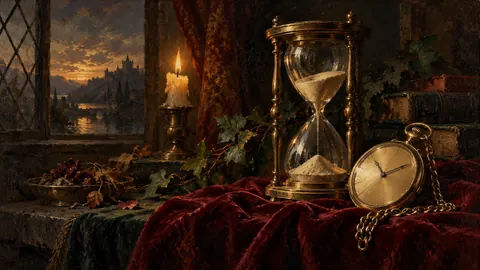 Hourglass and pocket watch on a velvet cloth – tonal oil painting Frame TV art