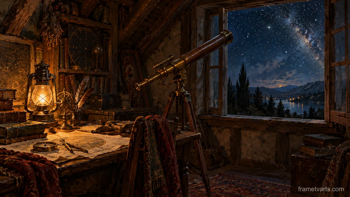 Antique telescope at an attic window under stars – atmospheric oil painting Samsung Frame TV art, 4K