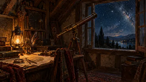 Antique telescope at an attic window under stars – atmospheric oil painting Frame TV art