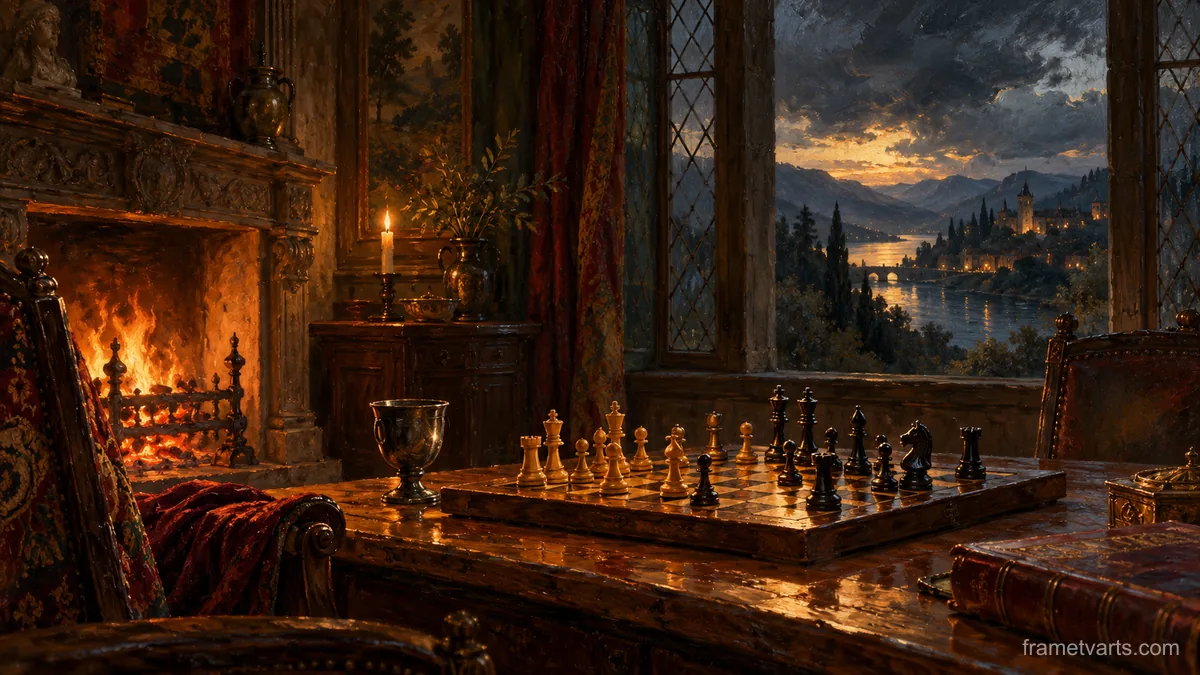 Chess game mid-play by firelight – tonal oil painting Samsung Frame TV art, 4K